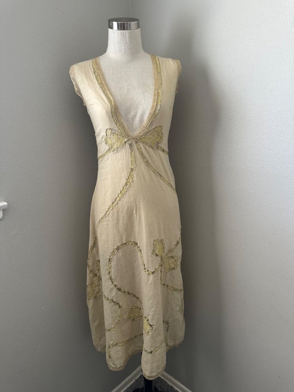 Chan Luu V Neck Midi Dress Sleeveless Intricate Lace Lightweight Sheer Beige S - Picture 1 of 8